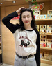 lagogo撞色插肩袖貓咪印花可愛T恤女拉谷谷2025秋季新款長(zhǎng)袖上衣 米黑 L 曬單實(shí)拍圖