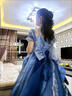 閃動(dòng)少女（SHANDONGSHAONV）藍色花嫁禮服lolita連衣裙洋裝重工拖尾蓬蓬公主裙在逃公主華麗 藍色連衣裙沒(méi)有拖尾脖圈 S 曬單實(shí)拍圖