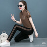 啄木鳥(niǎo)純棉運動(dòng)服套裝女夏寬松短袖長(cháng)褲中年媽媽裝休閑兩件套 寶藍 M 曬單實(shí)拍圖