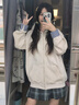 JAVC美式小狗刺繡假兩件開衫衛(wèi)衣女秋冬加絨加厚小個子韓系慵懶風外套 灰色薄款 M 建議 95-110斤 曬單實拍圖