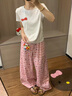 LDBE撞色格子彎刀休閑褲女2025新款秋季設(shè)計(jì)感寬松闊腿褲高腰垂感拖地 粉色 S 曬單實(shí)拍圖
