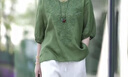 啄木鳥(niǎo)棉麻大碼套裝媽媽夏裝50-60歲洋氣新款夏兩件套氣質(zhì)母親節禮物衣 綠色單上衣 均碼 L 115-130斤 曬單實(shí)拍圖