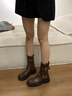 妙侶復(fù)古英倫風(fēng)側(cè)拉鏈短靴女春秋冬季黑色中筒騎士靴粗跟西部牛子靴子 棕色 短筒 絨里 現(xiàn)貨 加絨 39 (245mm) 曬單實(shí)拍圖