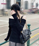 JIOESC斜肩上衣女秋裝2025新款露肩高級感純欲甜辣妹性感穿搭一字肩長(cháng)袖 黑色 M 曬單實(shí)拍圖