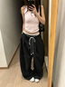 AAISUP假兩件蕾絲拼接雙腰頭休閑褲女2025年春秋寬松垂感顯瘦百搭闊腿褲 黑色 S 曬單實拍圖