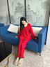 黛姿馨睡衣結婚新婚情侶套裝紅色春秋款純棉秋冬款顏睡衣情侶裝一男一女 YTF:88088【無(wú)禮盒】紅色英文熊 M 女+男L 曬單實(shí)拍圖