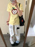 LDBE美式高街格子翻邊口袋工裝牛仔褲女夏季小狗刺繡寬松直筒闊腿長褲 白色 S 曬單實拍圖
