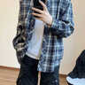 UKMR韓版藏青色格子襯衫設計感長(cháng)袖上衣女開(kāi)衫夏薄款寬松外搭百搭外套 藏青色格子衫 M 95-105斤 曬單實(shí)拍圖
