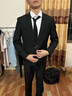花花公子西服套裝男士韓版修身外套新郎結婚禮服商務(wù)職業(yè)正裝休閑小西裝男 雙扣黑色 西裝+西褲+襯衫 送皮帶 L 170（115-130斤穿） 曬單實(shí)拍圖
