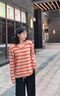 NICOLEJOLIE100%純棉2025夏季新款女針織T恤衫條紋寬松毛衣圓領(lǐng)長(zhǎng)袖拼色上衣 橘色 JXSDY-BM859 XL 曬單實(shí)拍圖
