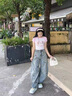 美式復古小狗刺繡高腰闊腿牛仔褲女夏季新款寬松顯瘦直筒拖地褲子 復古藍 M 曬單實拍圖
