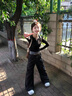波點(diǎn)假兩件V領(lǐng)長(cháng)袖t恤女秋季2025新款別致緊身短款內搭打底衫上衣 黑色 M 曬單實(shí)拍圖