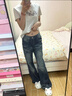 魯雅爾小個(gè)子美式復古微喇牛仔褲女秋季拼接寬松顯瘦不貼腿直筒闊腿褲子 藍色 L 曬單實(shí)拍圖