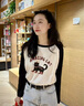 lagogo撞色插肩袖貓咪印花可愛T恤女拉谷谷2025秋季新款長(zhǎng)袖上衣 米黑 L 曬單實(shí)拍圖