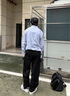 ACTUP呂小虎春秋套裝日系潮牌大口袋工裝直筒休閑褲男一套搭配長(cháng)袖襯衫 水洗黑 (長(cháng)褲) L 175 曬單實(shí)拍圖