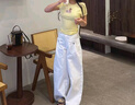 UNIFREE圓領(lǐng)正肩短袖T恤簡(jiǎn)約修身辣妹新款顯瘦上衣 黃色  XL  曬單實(shí)拍圖