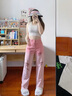 唐思薇春秋季粉色漸變破洞收腰牛仔褲女直筒寬松顯瘦高腰闊腿褲小香風(fēng) 粉色 S 【建議80-95斤】 曬單實(shí)拍圖