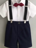 GOKU男童禮服套裝幼兒園演出服背帶褲夏季小主持人兒童西裝畢業(yè)服花童 黑色褲子+襯衫+背帶+領結 100 建議體重25-30斤 曬單實拍圖