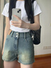 乖甜星美式復古辣妹修身牛仔短褲女夏季高腰彈力顯瘦雙扣辣妹緊身包臀褲 藍色 XL (建議115-125斤) 曬單實(shí)拍圖