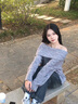 心楠灰色露肩韓系套頭毛衣女秋慵懶風(fēng)寬松休閑顯瘦氣質(zhì)小個(gè)子長(cháng)袖上衣 灰色均碼【建議80-120斤】 均碼 曬單實(shí)拍圖