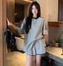 貞喜氣時尚跑步運動套裝女夏季短袖短褲韓版寬松吸汗瑜伽服健身服學(xué)生 淺灰色兩件套 【M碼】建議80-100斤 曬單實拍圖