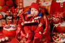優(yōu)奇嬰兒滿月百天和尚服新生兒紅色衣服寶寶0-3月衣服純棉綁帶哈衣 紅色【不含配飾】 59cm 曬單實拍圖