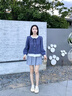 尚靜溫柔甜美蕾絲拼接條紋小衫25年秋新設(shè)計(jì)感寬松長(zhǎng)袖襯衫 藏青色 M 曬單實(shí)拍圖