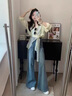 丹珠娜（DanZhuNa）休閑褲女裝秋季新款女裝套裝法式穿搭溫柔襯衫牛仔褲子兩件套衣服 黃色襯衫+蕾絲+牛仔褲 M 曬單實(shí)拍圖