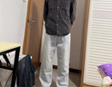 DEREK JEFF 戴里克.杰夫夏季薄款牛仔褲男美式高街淺藍(lán)色寬松直筒漸變拼接闊腿長褲子男款 淺藍(lán) S 90-110斤 曬單實拍圖