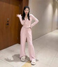 韓璐嬌（hanlujiao）衛(wèi)衣女裝春秋季2025年新款休閑運(yùn)動(dòng)服設(shè)計(jì)感連帽顯瘦闊腿褲套裝女 粉色 M 【建議95-105斤】 曬單實(shí)拍圖
