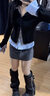 港風(fēng)chic拼接假三件長(cháng)袖t恤女春秋冬顯瘦設計感別致休閑百搭上衣 黑色 M 曬單實(shí)拍圖