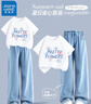真維斯女童夏裝套裝2025新款女孩夏季短袖中大童衣服兒童夏裝天絲牛仔褲 【兩件套】白色(藍(lán)粉花)淺藍(lán) 150 曬單實(shí)拍圖