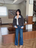 森馬（Semir）外套女秋季花苞拼接格子寬松立領(lǐng)2025新款復(fù)古風文藝通勤夾克 藍灰色調(diào)00382 S 曬單實拍圖