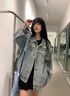 莜仙格美式復古毛邊做舊牛仔外套女2025新款春秋季寬松工裝潮牌夾克上衣 淺藍色 M 建議 95-110斤 曬單實(shí)拍圖