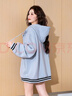 唐獅（TonLion）2025女外套學(xué)院風(fēng)寬松撞色拼接連帽開(kāi)衫外套 灰藍 M  曬單實(shí)拍圖