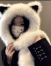 笙格兒毛絨絨加厚狐貍耳朵帽子圍巾一體女2025年秋冬季保暖顯臉小雷鋒帽 白色 （54-59CM） 曬單實(shí)拍圖