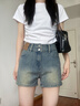 乖甜星美式復古辣妹修身牛仔短褲女夏季高腰彈力顯瘦雙扣辣妹緊身包臀褲 藍色 XL (建議115-125斤) 曬單實(shí)拍圖