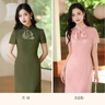 逸紅顔（E.Beauty）蘇然2025秋季新款柳葉紋高彈蕾絲蝴蝶結(jié)復(fù)古女孩旗袍連衣裙 苔綠 M 曬單實(shí)拍圖