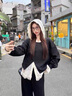 舒芳蝶（shufangdie）衛衣女黑色小香套裝女秋季2025新款高級感韓系流行超火穿搭一整套 黑色三件套 M 45/55kg 曬單實(shí)拍圖