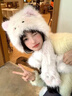 趣木也冬季新款發(fā)夾貓咪甜美腮紅卡通加厚可愛(ài)毛絨帽子護耳帽圍巾二合一 白色貓咪【帽子帶球球】 曬單實(shí)拍圖