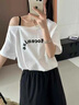 LDBE吊帶斜肩白色短袖t恤女2025新款夏季寬松慵懶風(fēng)設(shè)計感露肩上衣潮 白色 S 【80-100斤】 曬單實拍圖