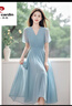 皮爾卡丹（pierre cardin）今年流行漂亮簡(jiǎn)單大方長(cháng)裙感淑女氣質(zhì)藍色雪紡v領(lǐng)連衣裙女夏 連衣裙 今年流行的輕奢品牌 L 建議100-110斤 曬單實(shí)拍圖