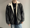 棉之雪PU皮羊羔絨夾克棉服男女冬季加厚保暖翻領(lǐng)棉衣美式保暖工裝外套 黑灰色 L 曬單實(shí)拍圖