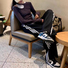 卡圖弛黑色運動休閑褲子男春秋季三條杠褲子潮牌闊腿褲韓版高街直筒長褲 黑色 XL 曬單實拍圖