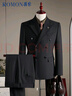 羅蒙（ROMON）【西服+馬甲+西褲】條紋雙排扣西服套裝男商務(wù)修身正裝西裝黑L 曬單實(shí)拍圖