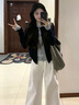 丹珠娜（DanZhuNa）休閑褲女秋季新款女裝套裝衣服針織小香風(fēng)流行穿搭闊腿褲子一整套 假兩件上衣+闊腿褲子 M 曬單實(shí)拍圖