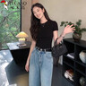 啄木鳥正肩短袖t恤女夏季2025新款圓領(lǐng)褶皺修身顯瘦收腰上衣 藏藍色 XL 曬單實拍圖