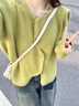 DGOV感不規(guī)則小香風(fēng)針織開衫女秋季軟糯溫柔風(fēng)寬松短款毛衣外套女 綠色 S 建議80-95斤 曬單實(shí)拍圖