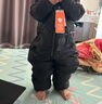 保姆鵝 兒童羽絨連體服大童加厚高充絨全方位保暖背帶褲套裝 炭黑 120 曬單實(shí)拍圖