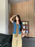 藍(lán)色海軍領(lǐng)潮流條紋短袖t恤女夏季2025新款修身V領(lǐng)設(shè)計(jì)感顯瘦上衣 藍(lán)色 M 曬單實(shí)拍圖